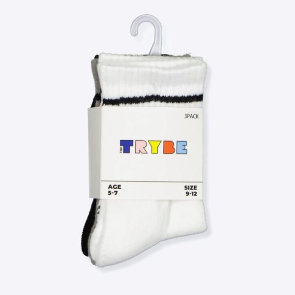 Trybe Socks Sport Stripe Half Crew Sock 3 Pack Kids White Multi Stripe Unisex Size 3-8