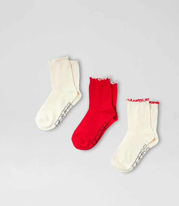 Frill 3 Pack White Red Cotton Socks
