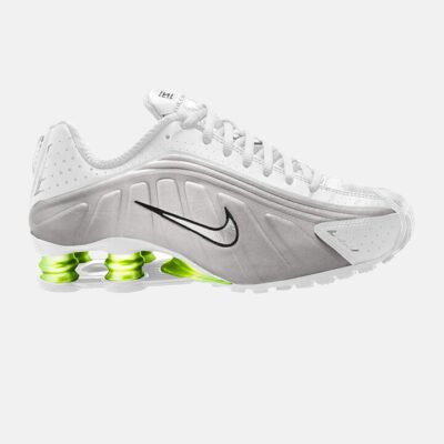 Womens Nike Shox R4 White/White-Metallic Silver-Volt