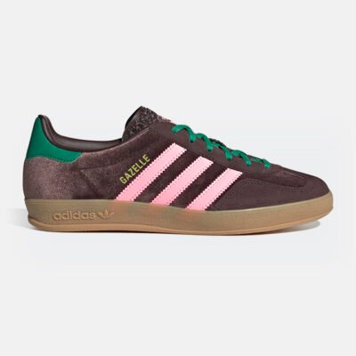 Womens Adidas Gazelle Indoor Dark Brown/Glow Pink/Court Green TheSneakerLounge Adidas Womens Adidas Gazelle Indoor Dark Brown/Glow Pink/Court Green